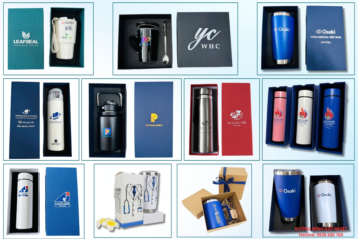 Combo quà tặng doanh nghiệp dưới 200k gồm Bình giữ nhiệt inox 304 và hộp cứng in logo
