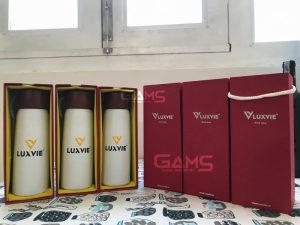 bình giữ nhiệt nắp gỗ in logo kèm hộp đựng và túi đựng quà cao cấp