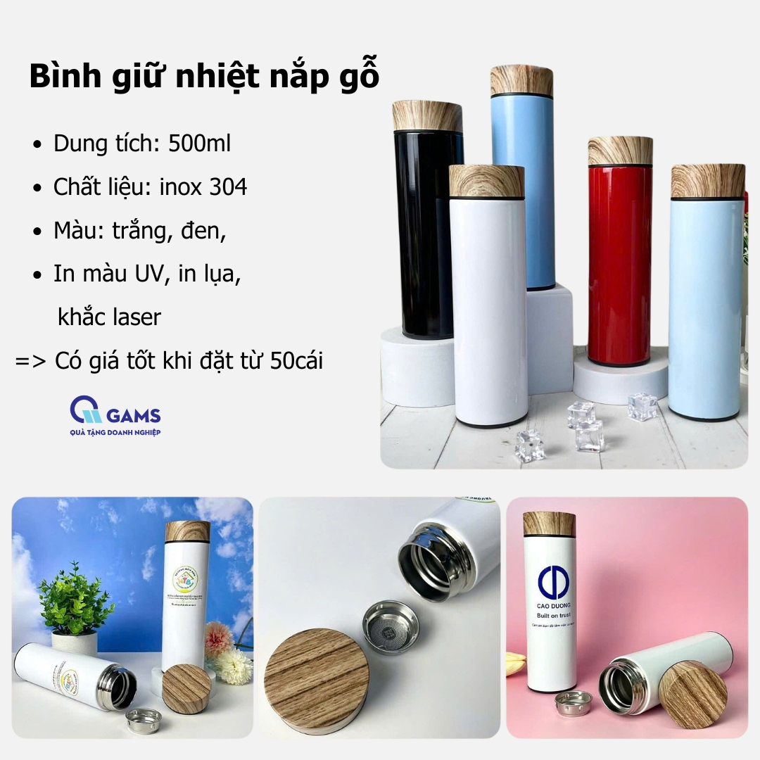 Quà tặng bình giữ nhiệt nắp gỗ 500ml