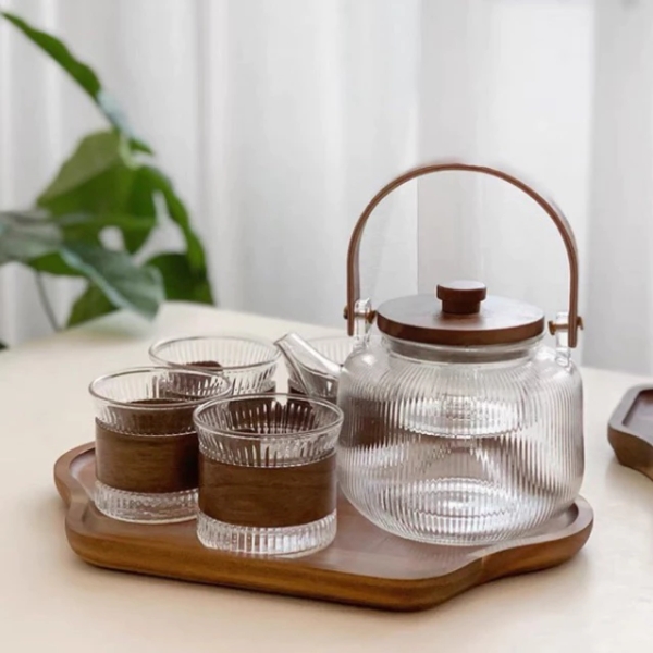 Bộ ấm trà thủy tinh nắp gỗ