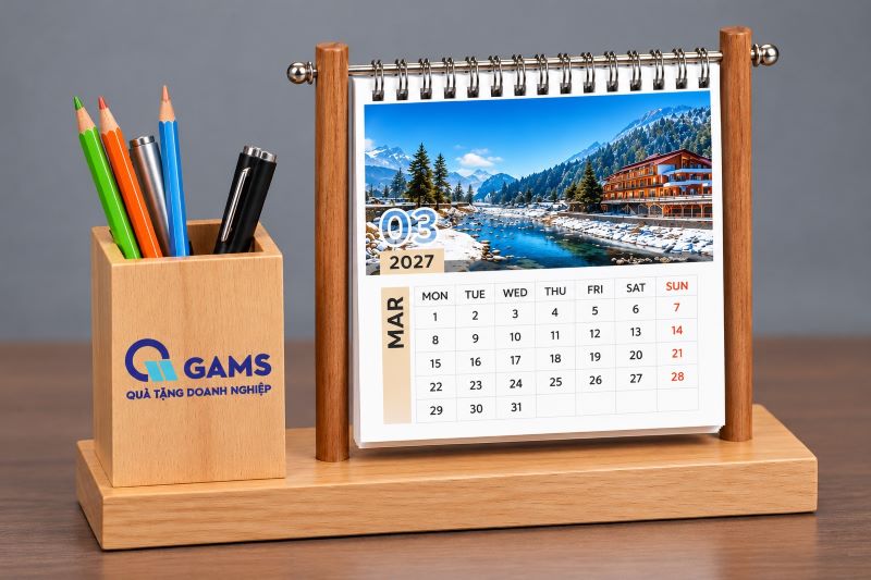 Mẫu 27: đế gỗ có hộp cắm bút, giá đỡ lịch giấy